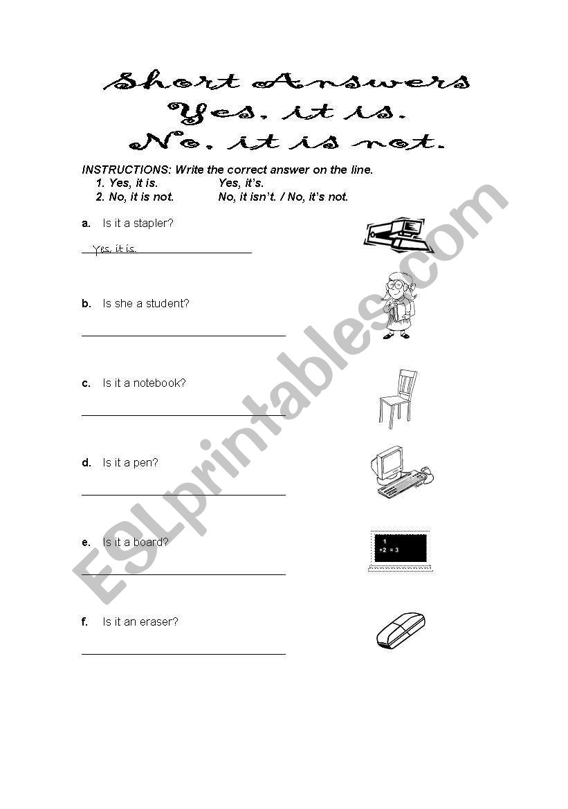 Verb to Be: Short Answers worksheet