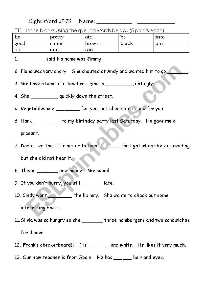 sight word exercise clozz (Sight Word 67 79:ate ran)