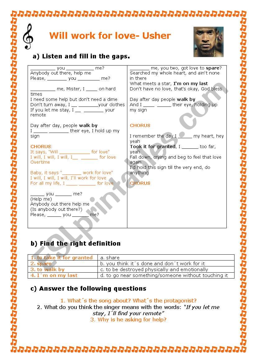 Will work for love, Usher worksheet