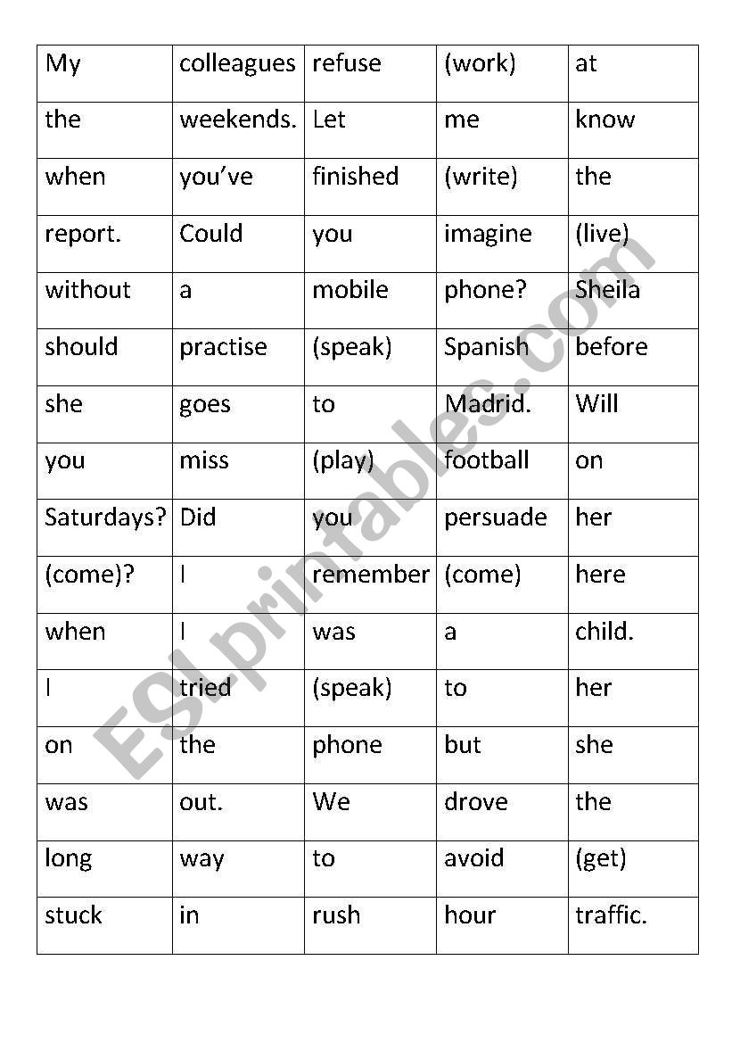 Gerund vs. Infinitive scrambled sentences