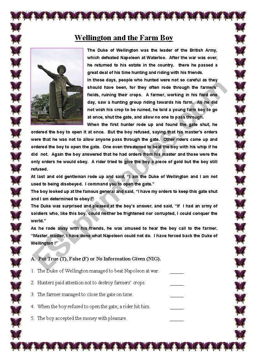 Wellington and the Farm Boy worksheet