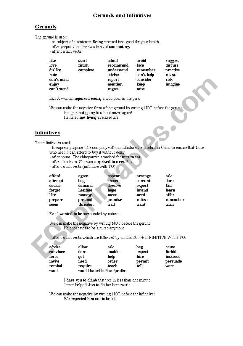 Gerunds and Infinitives worksheet