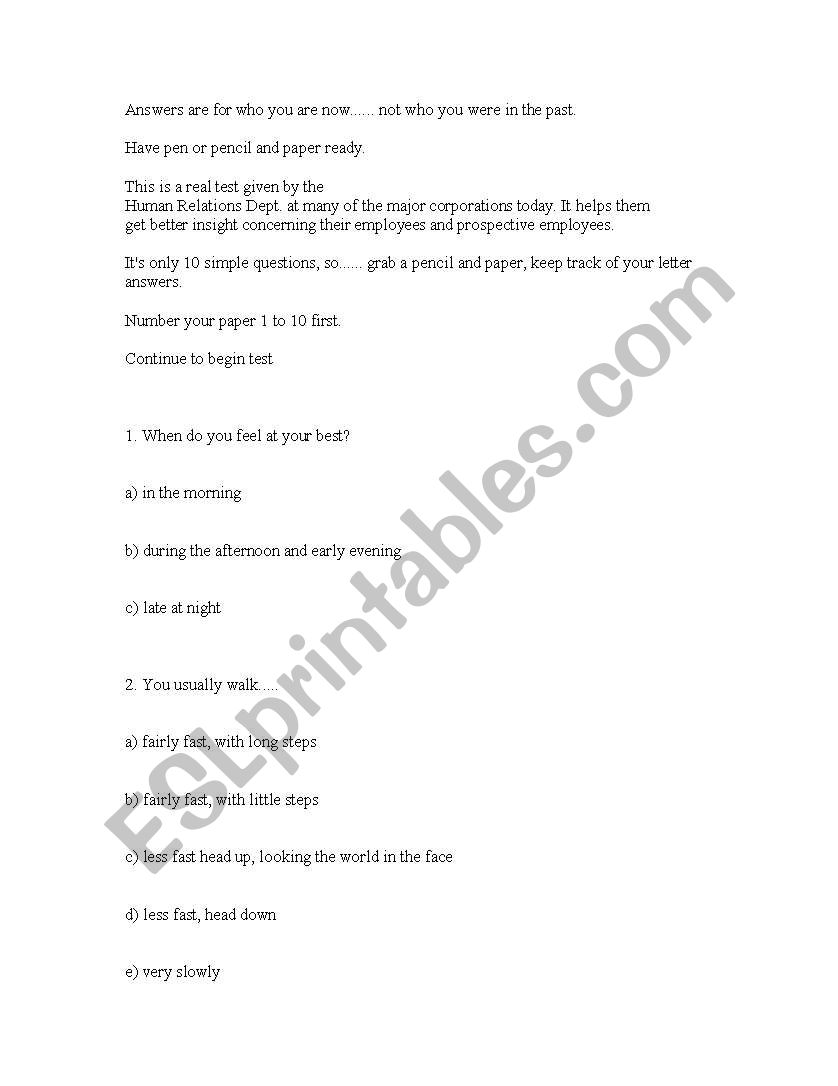 personality business test worksheet