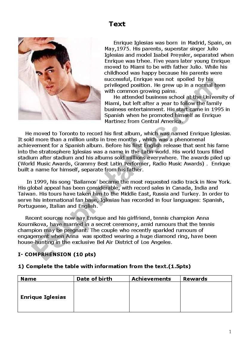 Enrique Iglesias worksheet