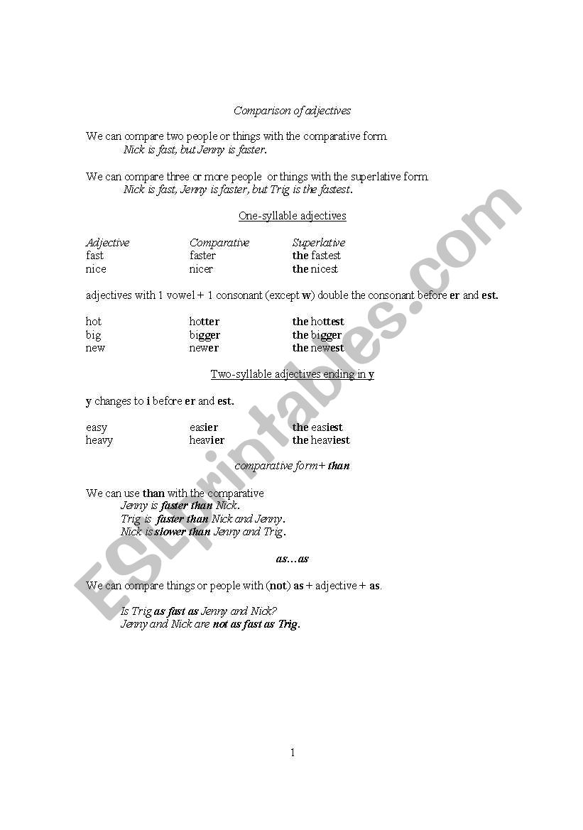 Comparison of Adjectives worksheet