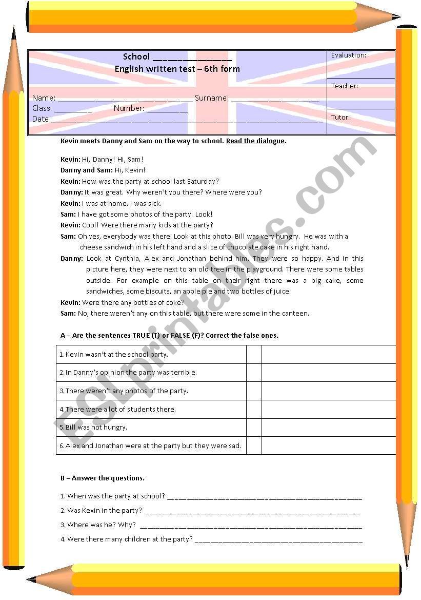 6th grade test about the simple past of to be + there to be