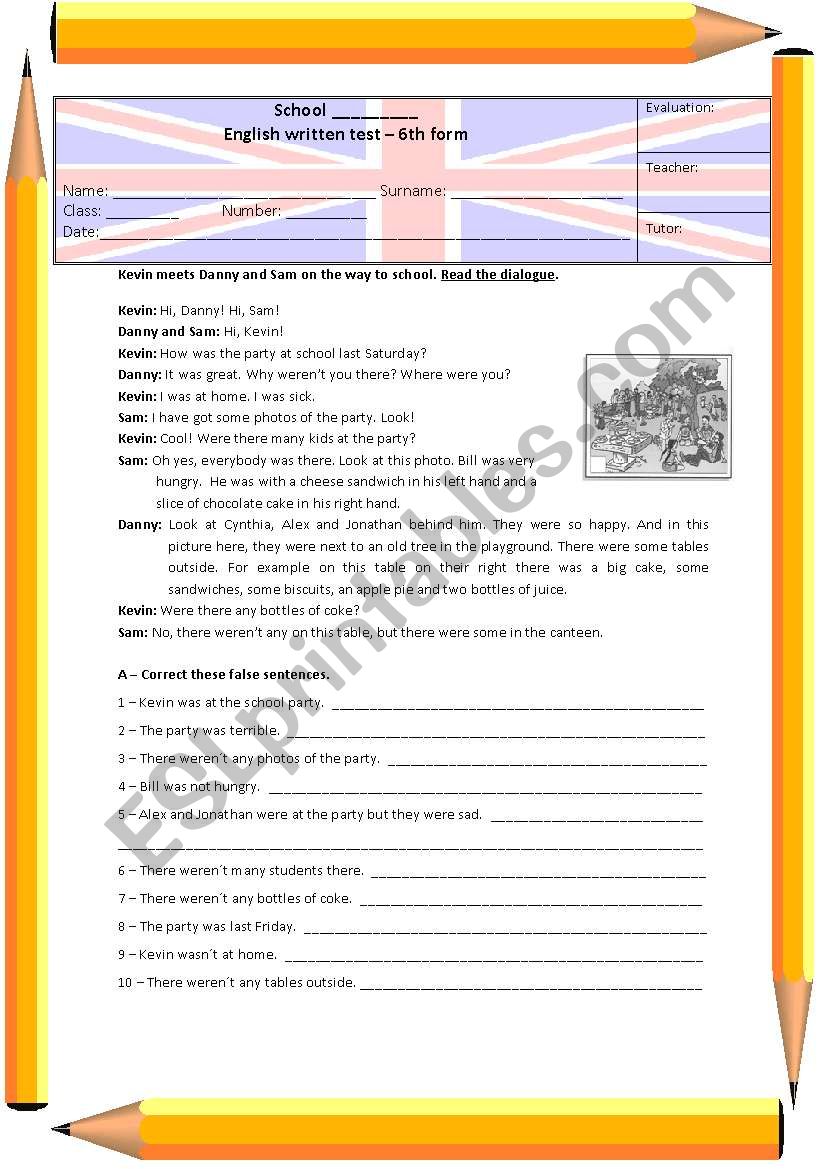 6th grade test about the simple past of to be + there to be- test B