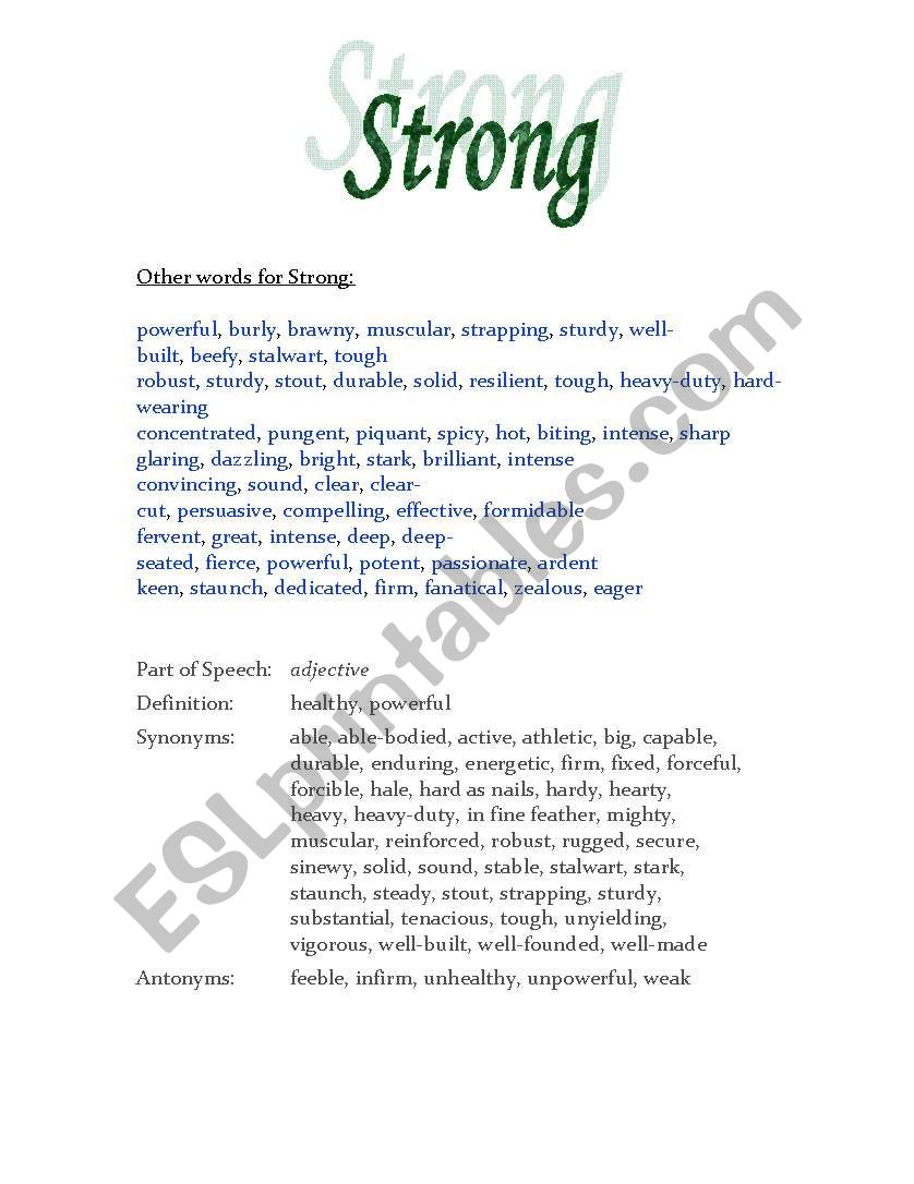 Vocabulary of Strong worksheet