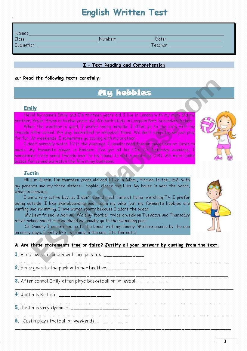 test hobbies - version 2 worksheet