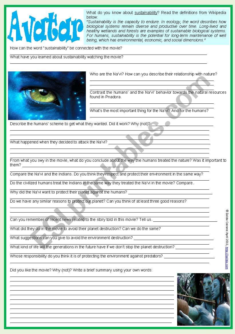 Movies4Class: Avatar & Sustainability  written activity to start discussion after a movie session  plot included  2 pages