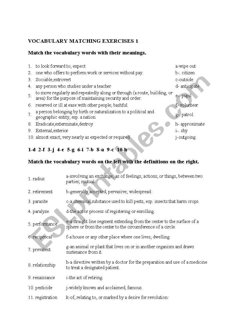 VOCABULARY MATCHING EXERCISE worksheet