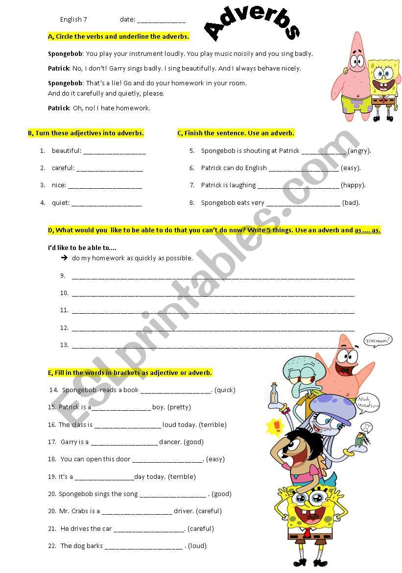Adverbs with Spongebob worksheet