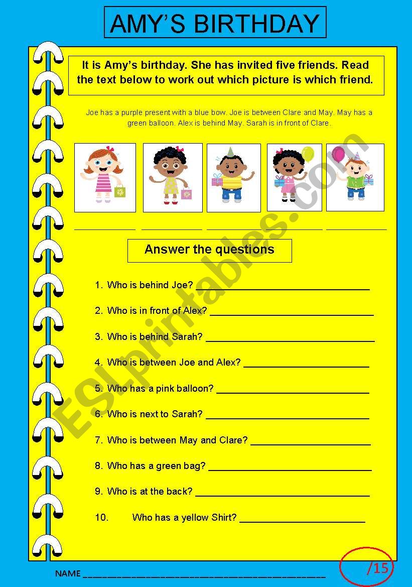 Amys Birthday- Prepositions worksheet