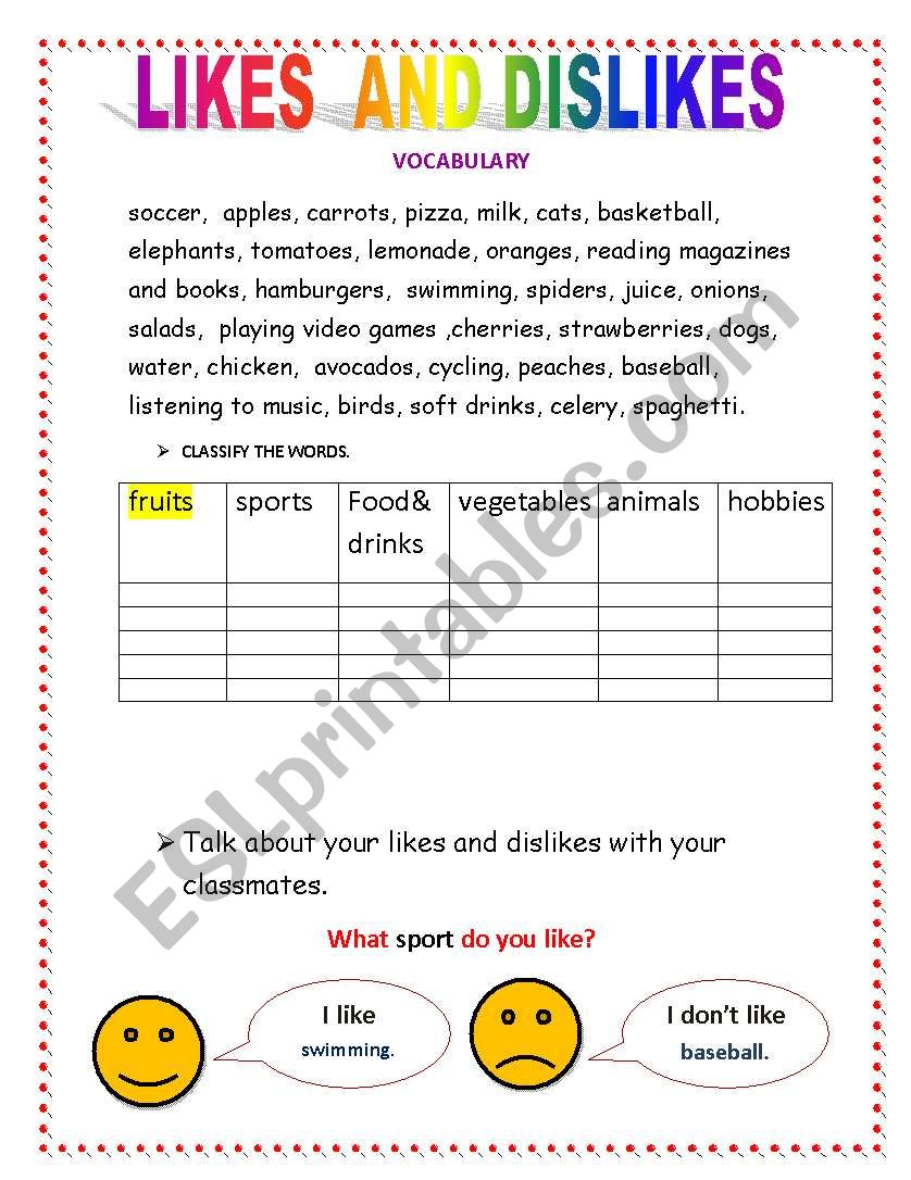 likes and dislikes worksheet