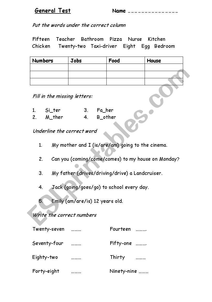 General Review worksheet