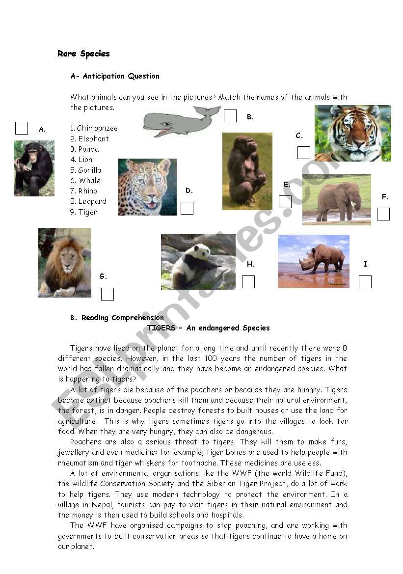 text about rare species worksheet