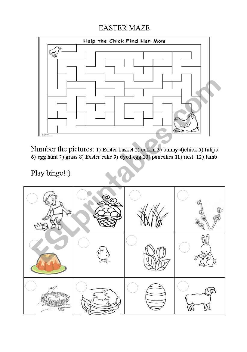 Easter bingo + Easter maze worksheet