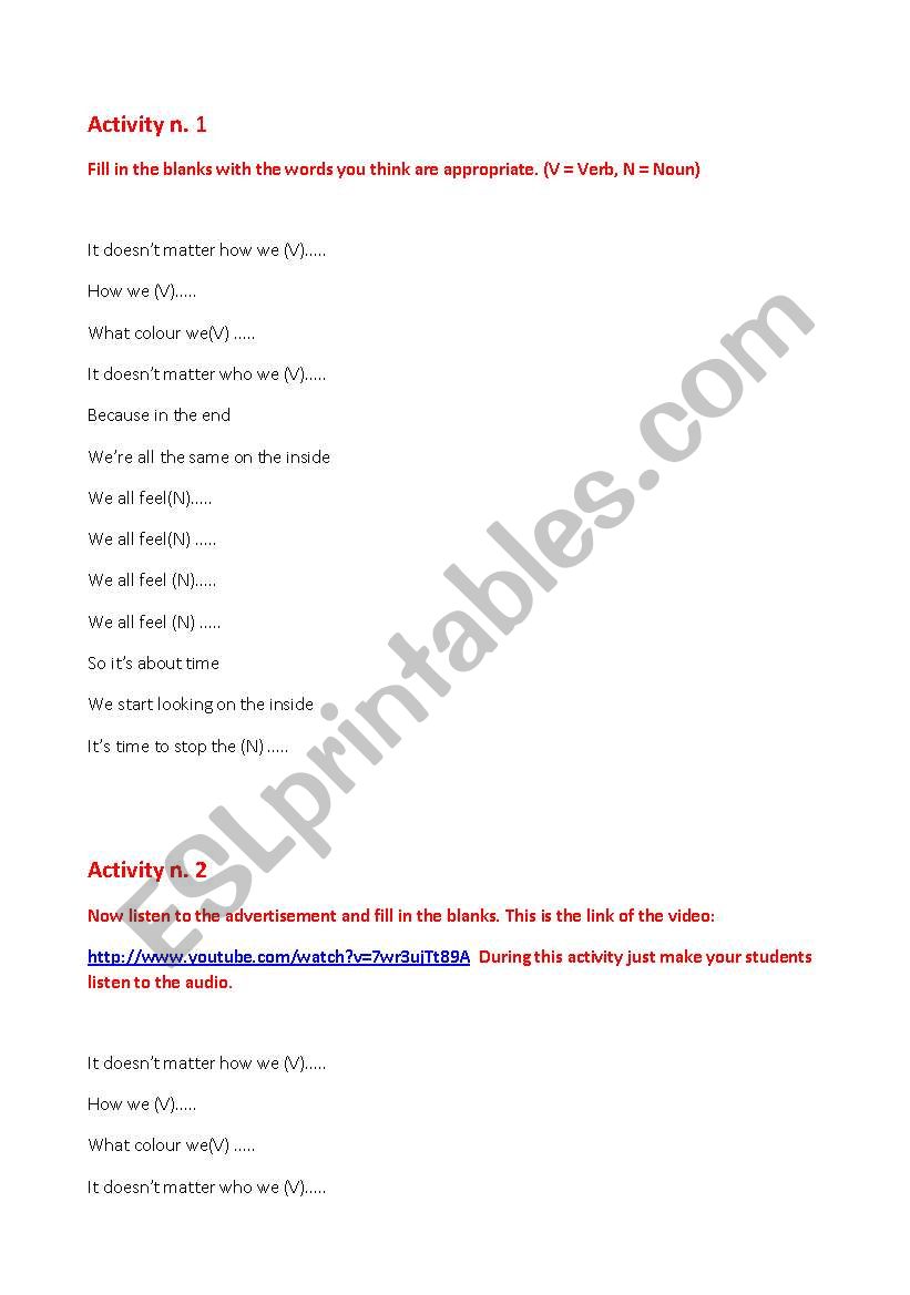 Anti Discrimination Advert worksheet