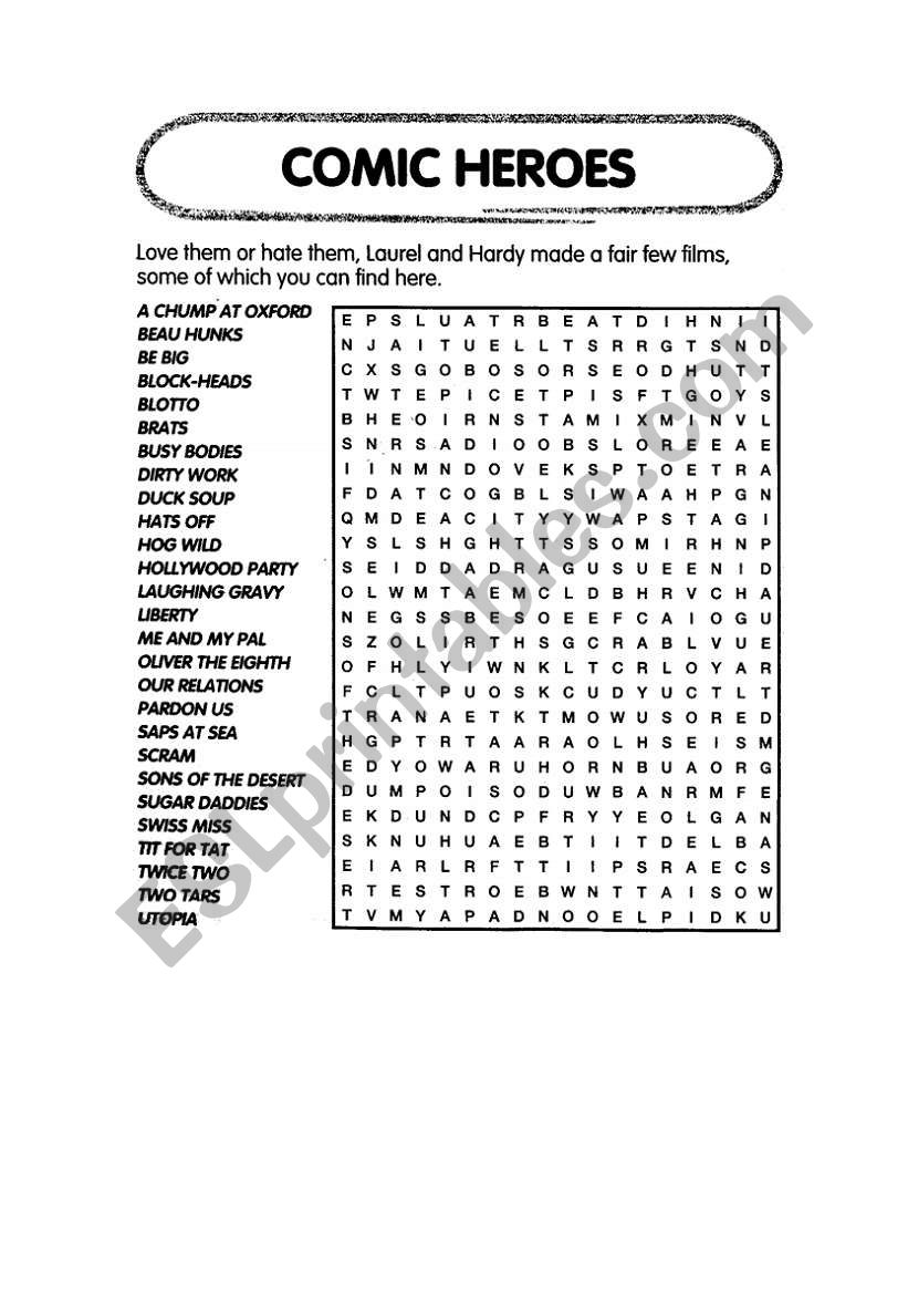 Comic heroes - word puzzle worksheet