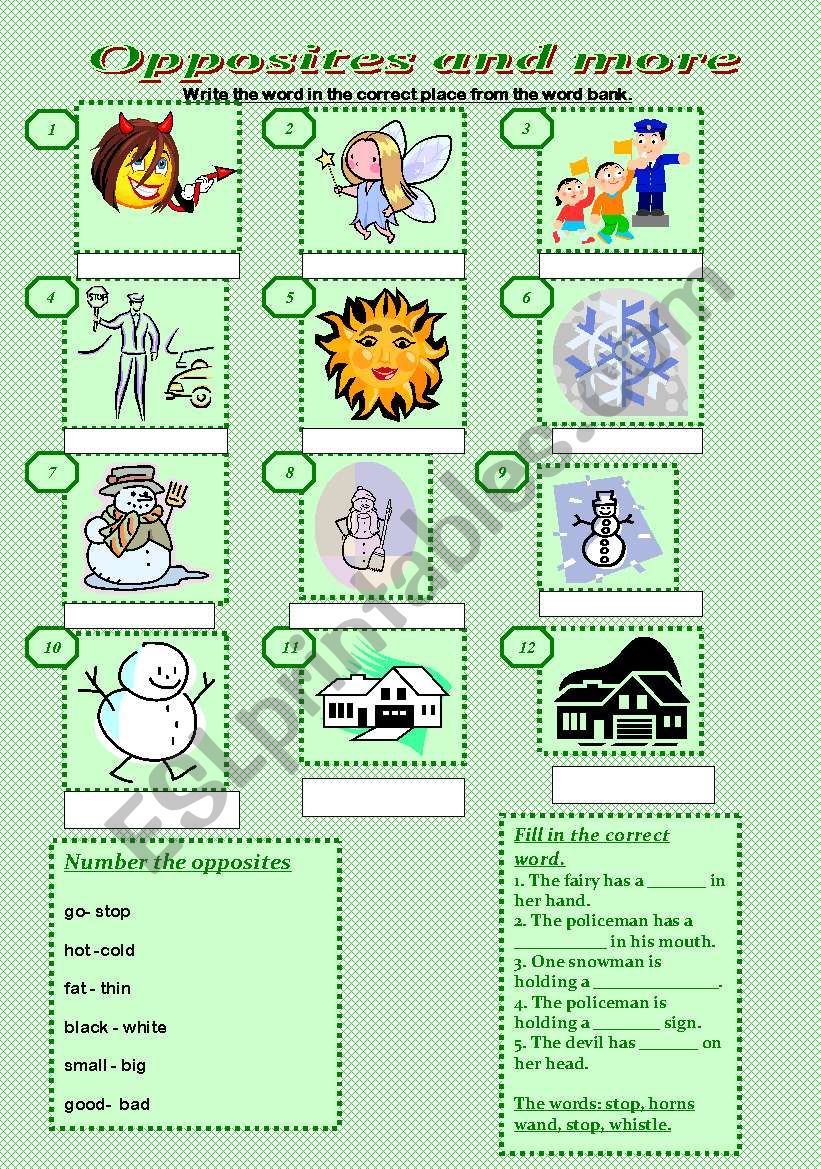 Opposites and more worksheet