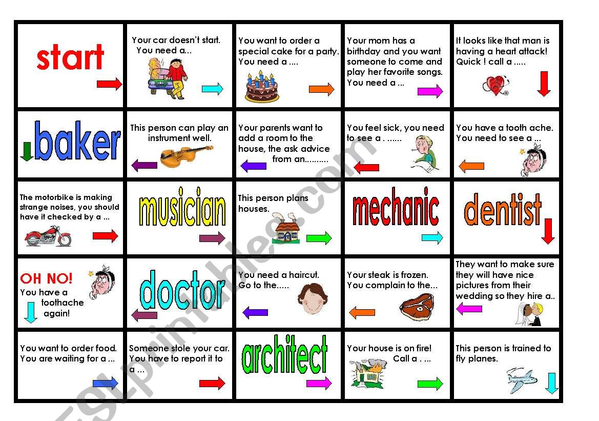 Jobs board game 2 A4´s put together ESL worksheet by MarionG