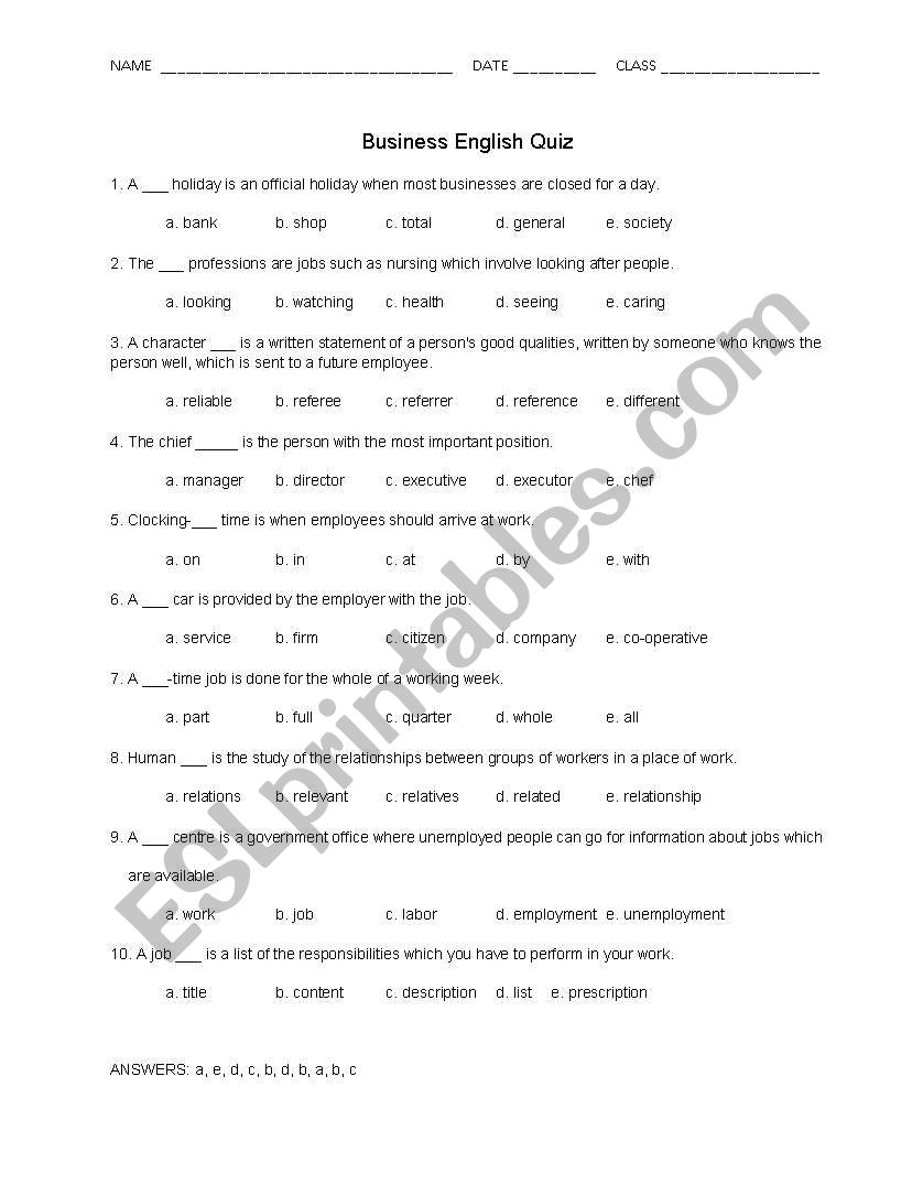 Business English Quiz worksheet