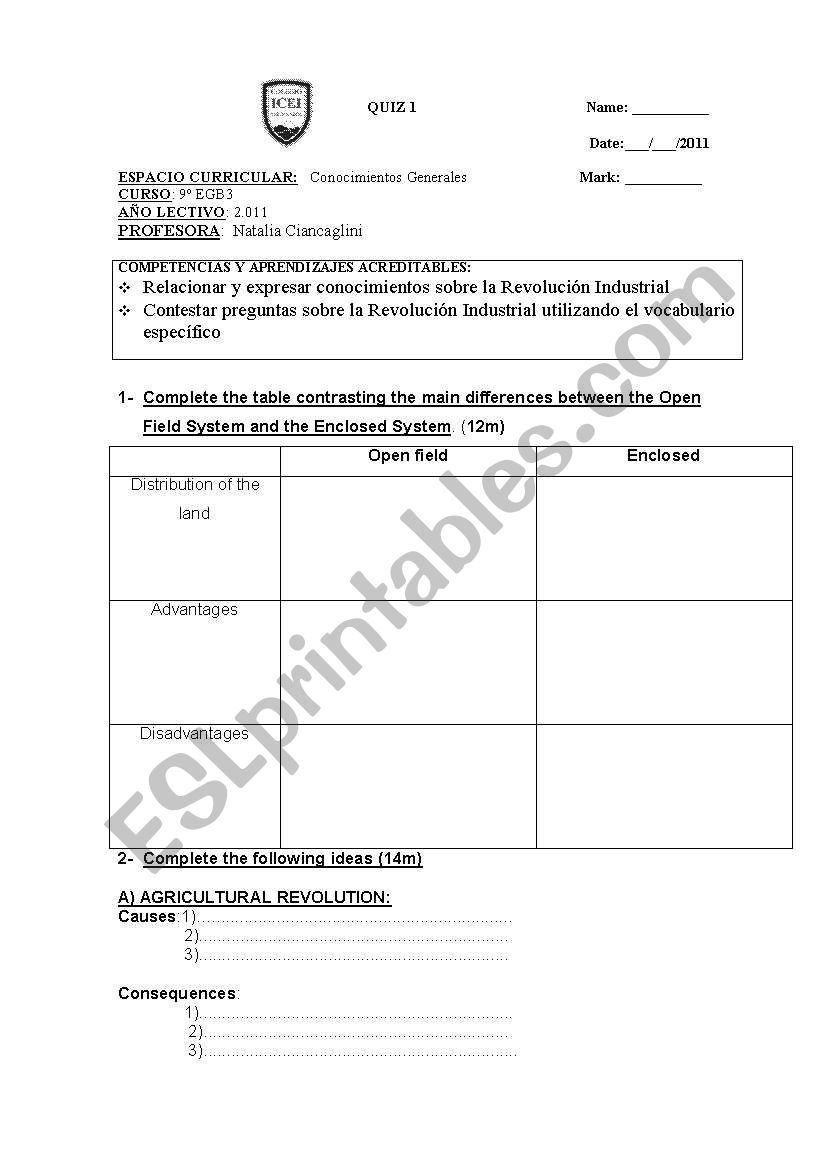 industrial revolution test worksheet