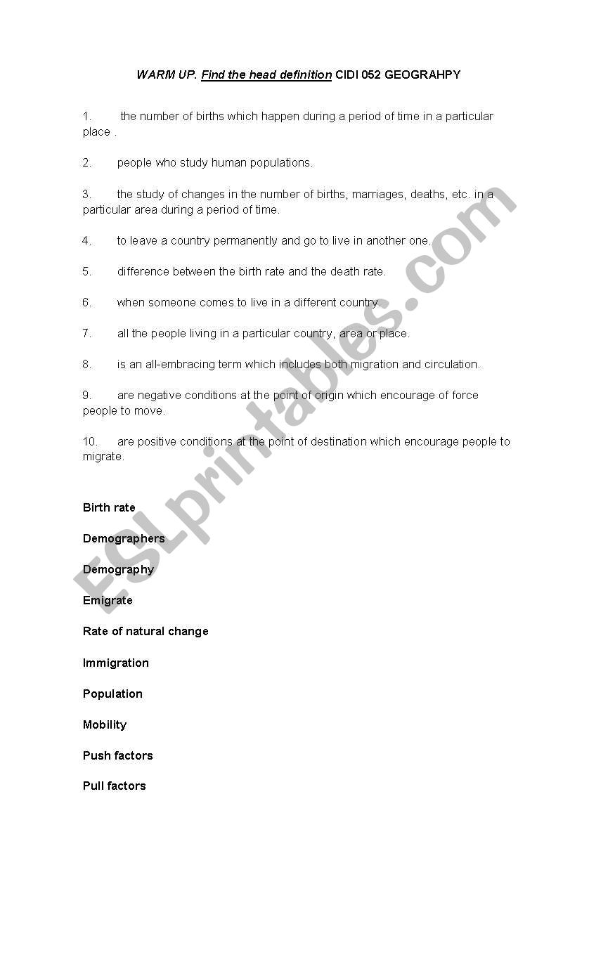 Population worksheet