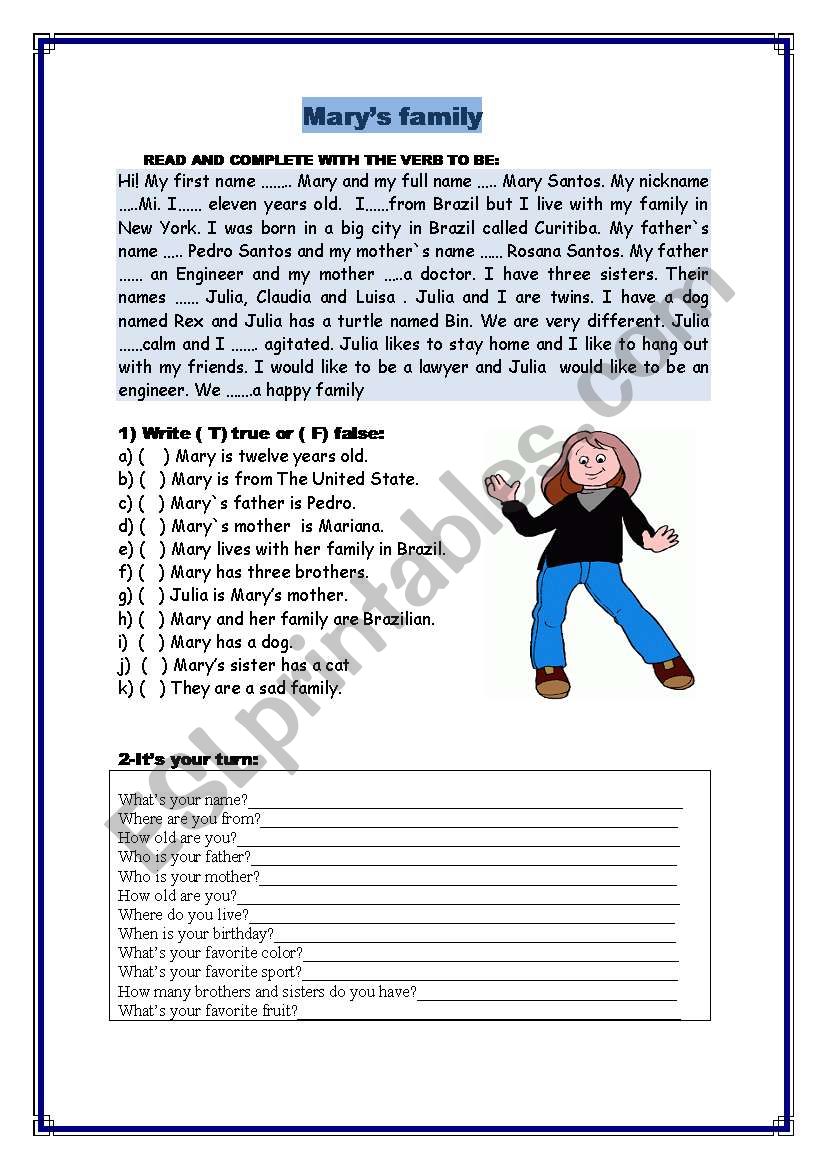 Marys family worksheet