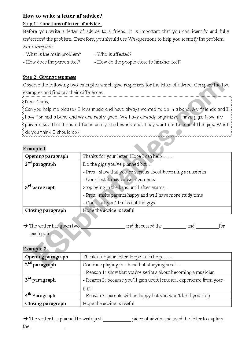 Letter of advice  worksheet