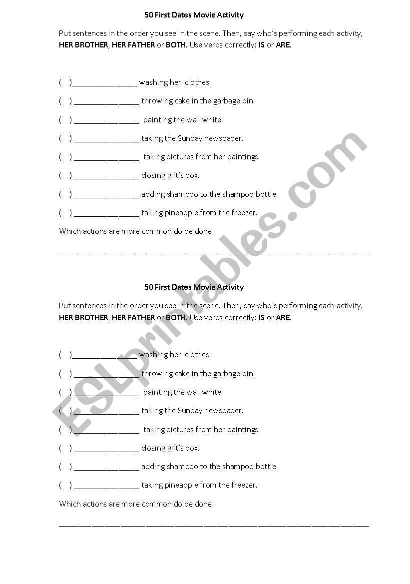 Fifty First Dates Movie Activity (present continuous)