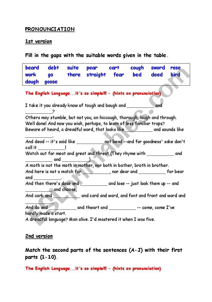 Hints on Pronunciation worksheet