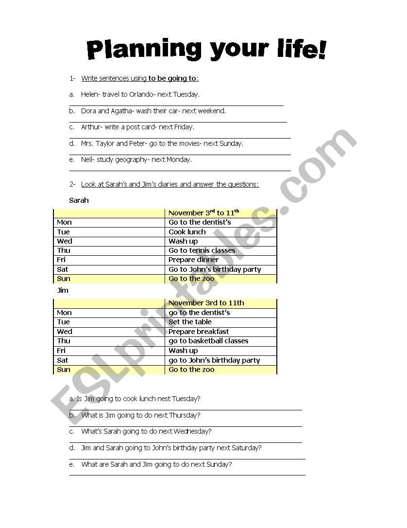 Panning your life worksheet