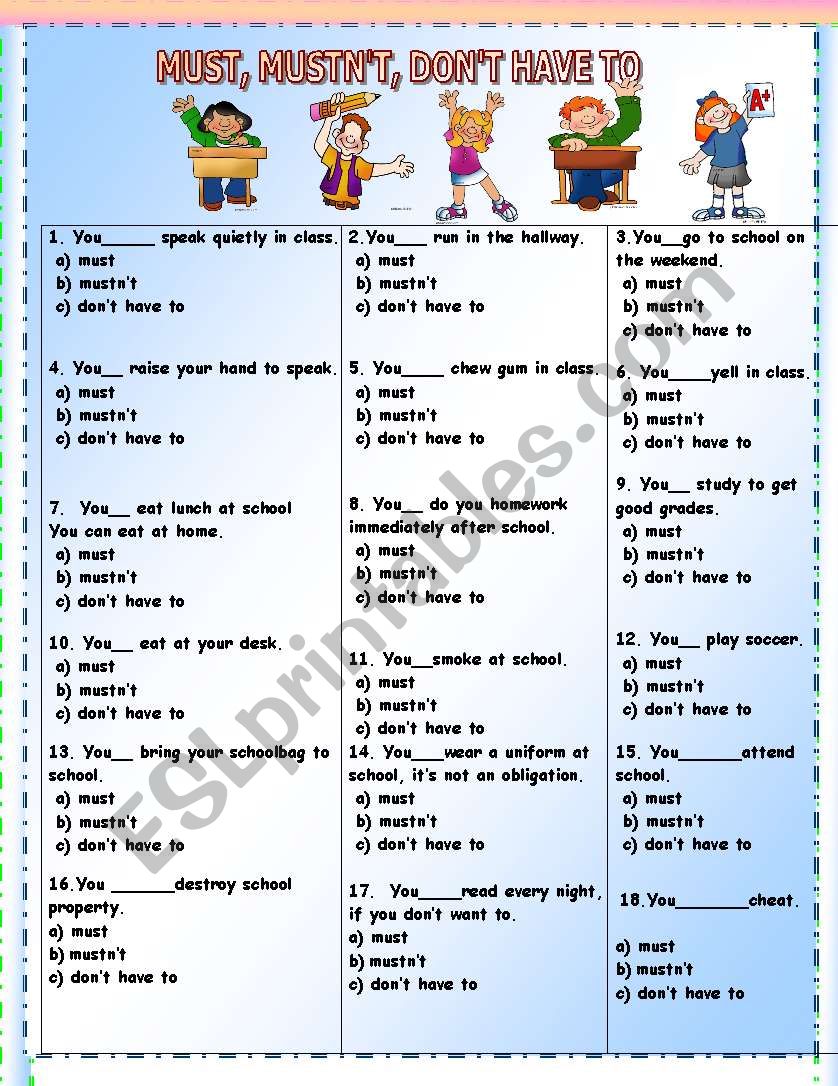 Must Mustn T And Don T Have To Esl Worksheet By Giovanni
