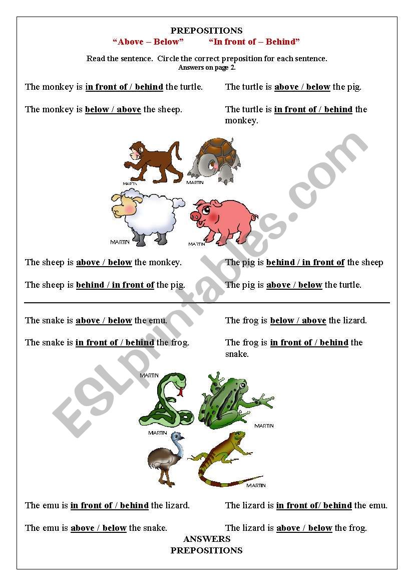 Prepositions - in front of , behind, above, below