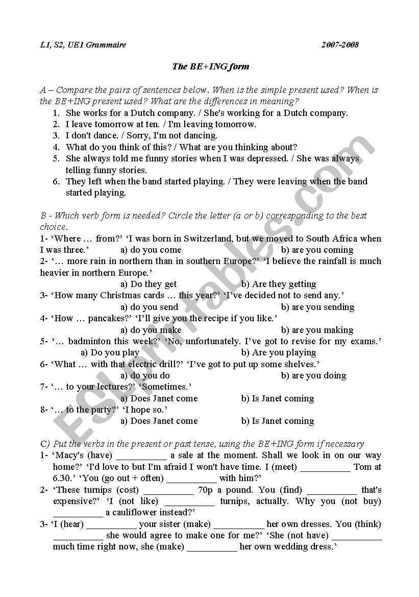 be + ing form worksheet