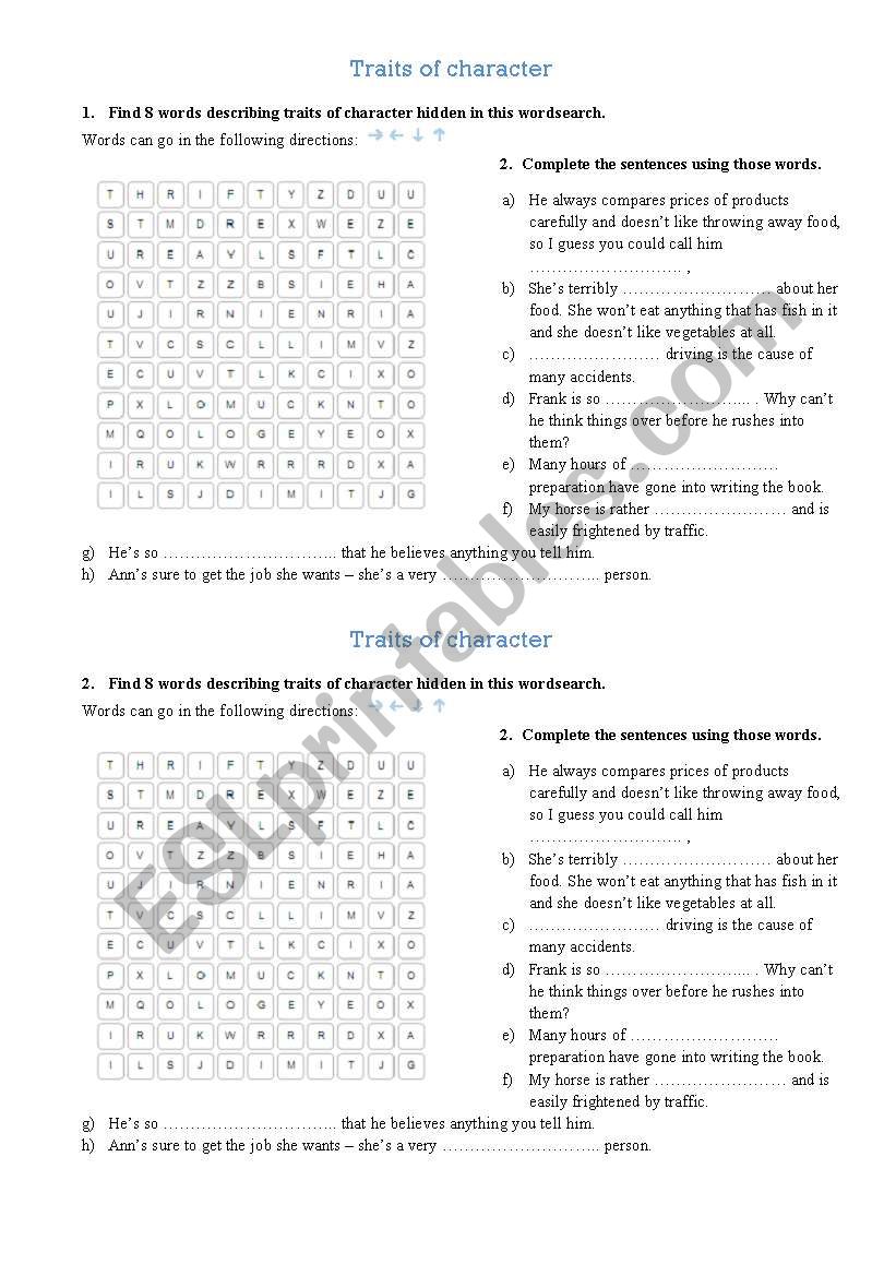 Traits of character wordsearch