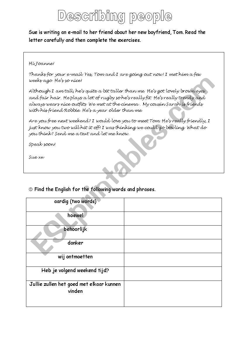 Describing people reading worksheet