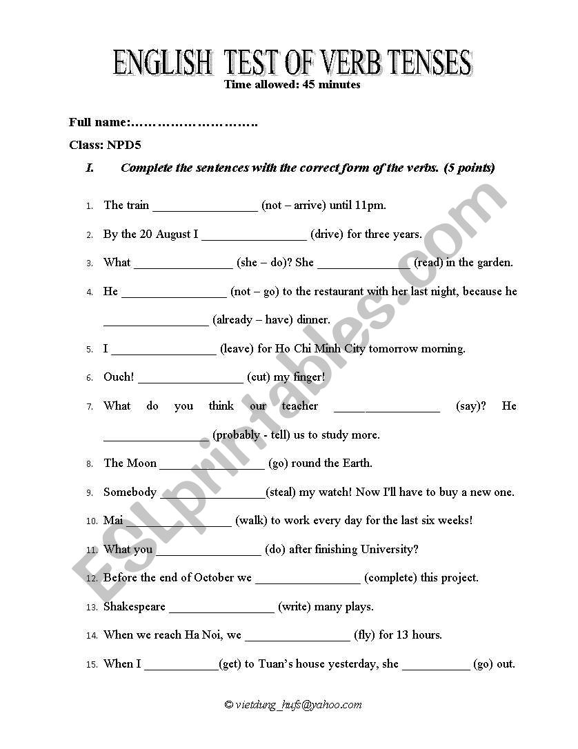 English test worksheet