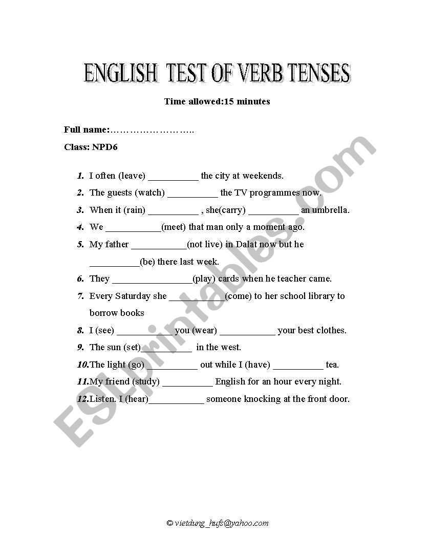 English verb tenses worksheet
