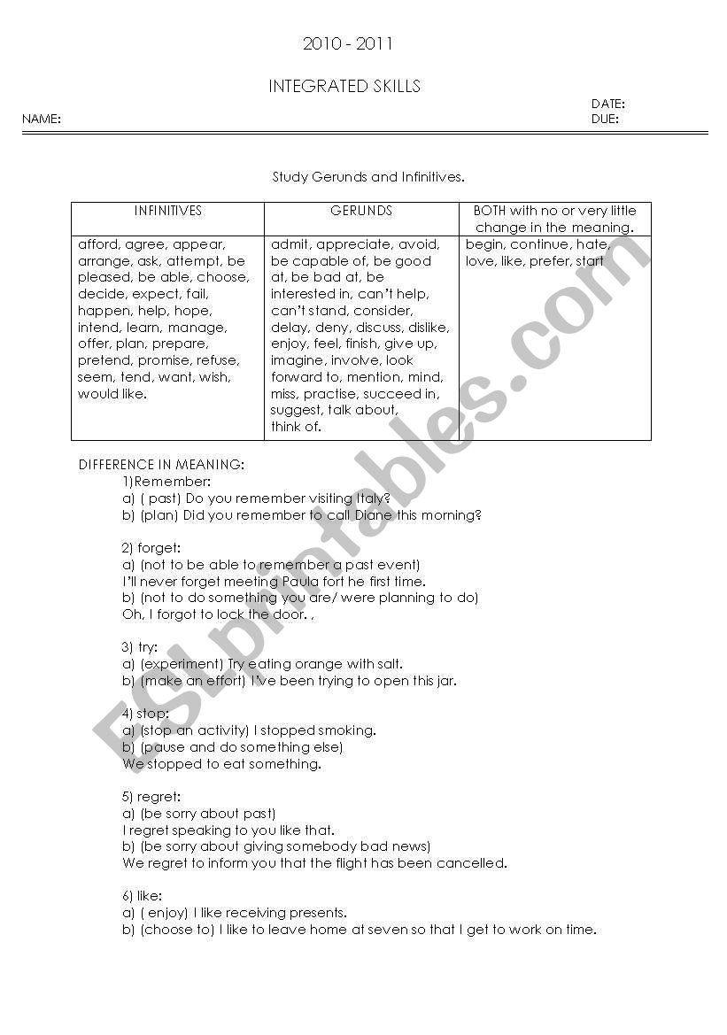 Gerunds and Infinitives worksheet