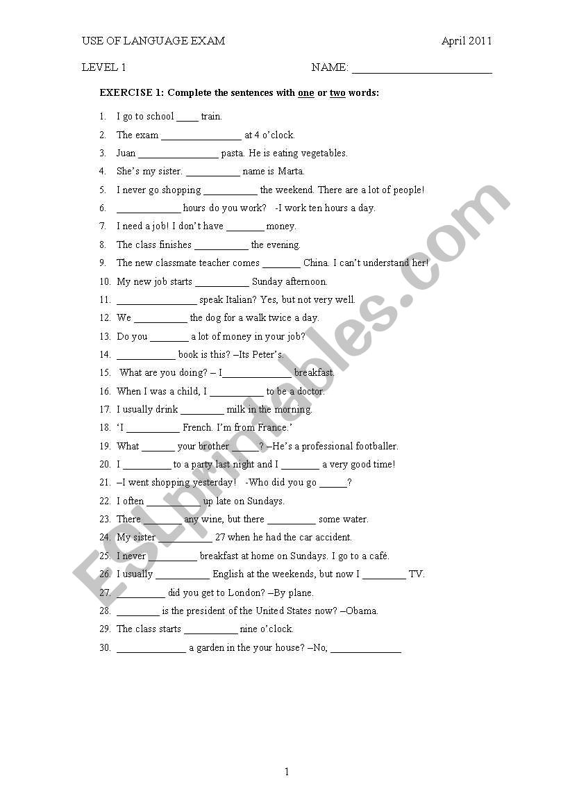 Use of language Elementary test