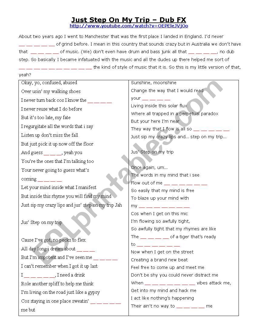 Gap Fill Rap Song - Dub FX worksheet