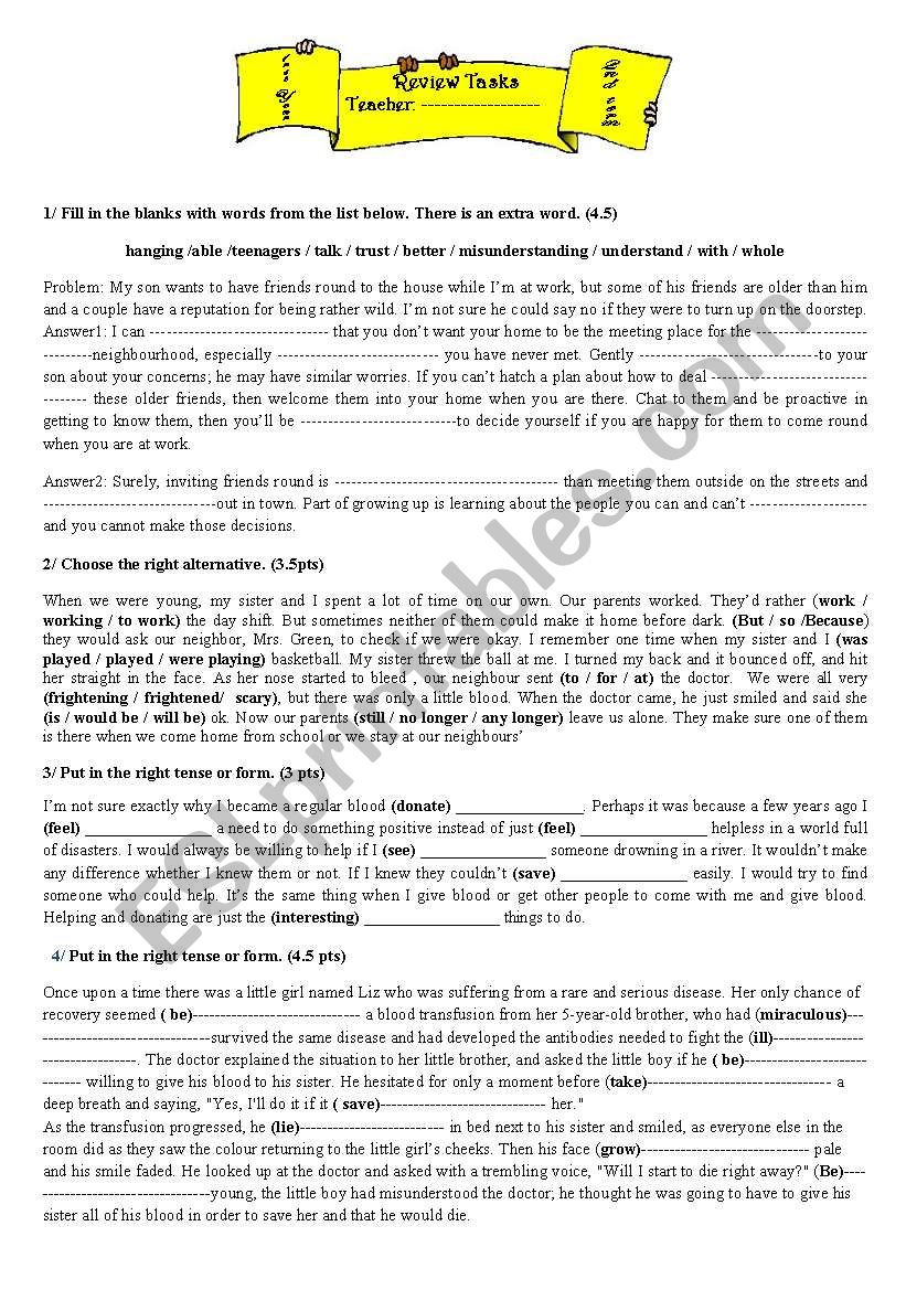 language tasks :tenses and vocabulary tasks about friendship,love,internet,family problems , health , blood donation,working mothers  