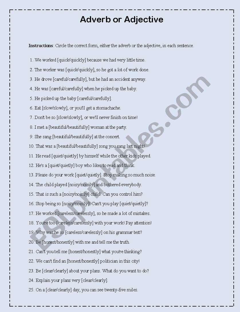 Adverb or Adjective worksheet