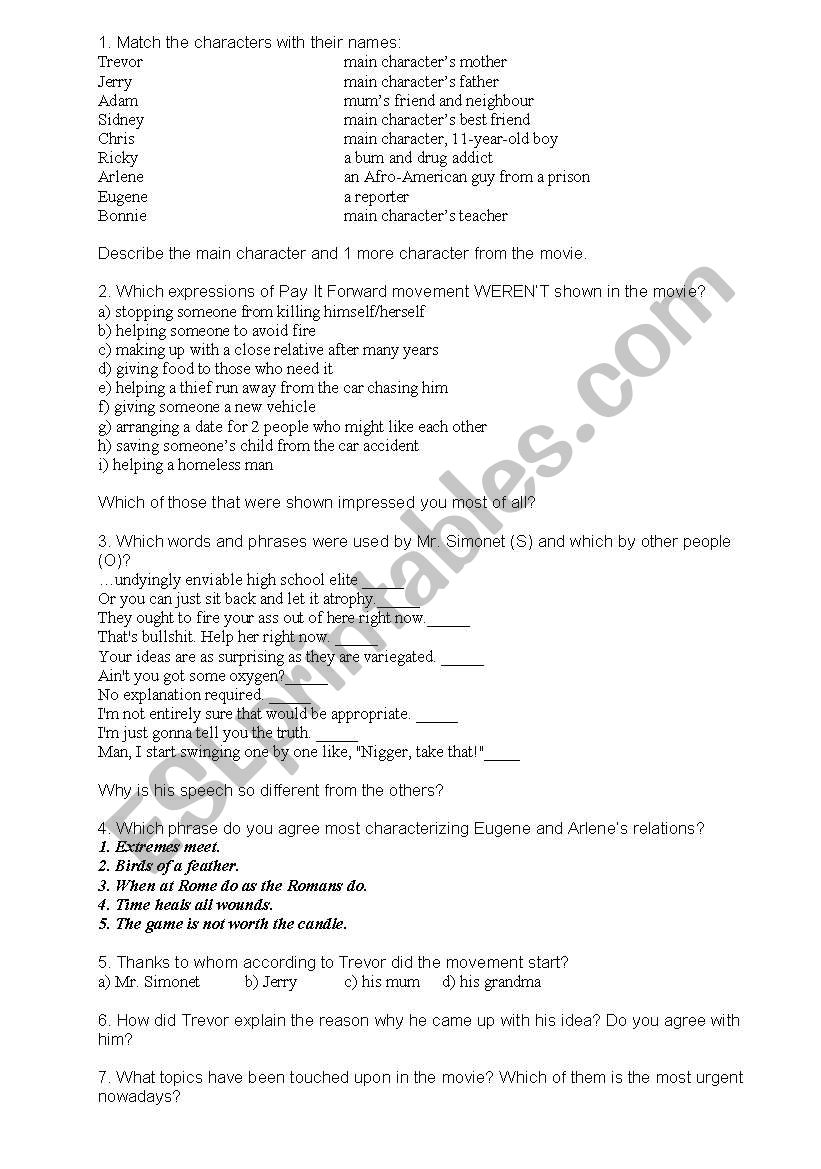 Pay it forward worksheet