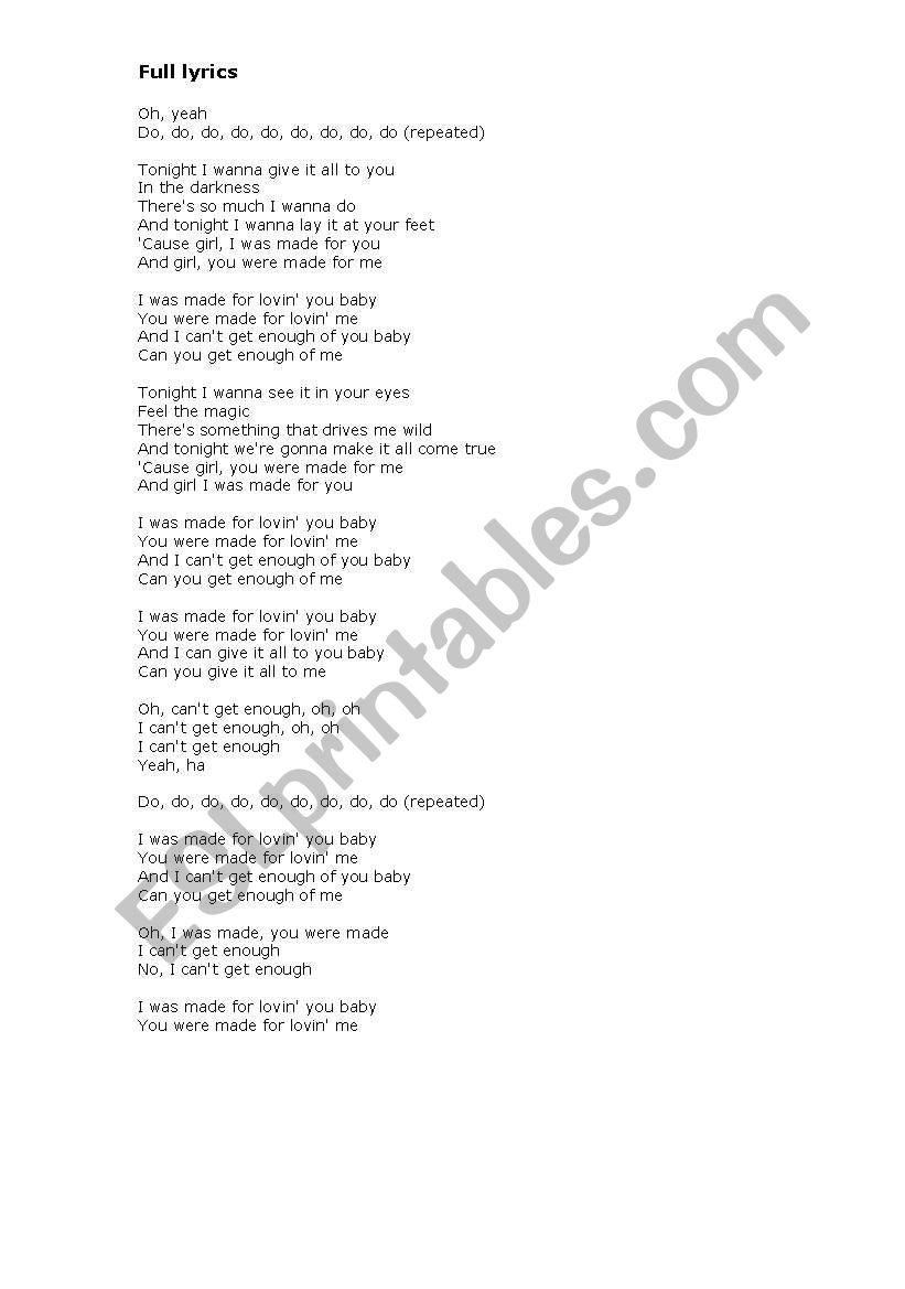 English Worksheets Kiss I Was Made For Loving You English Worksheets Kiss I Was Made For Loving You