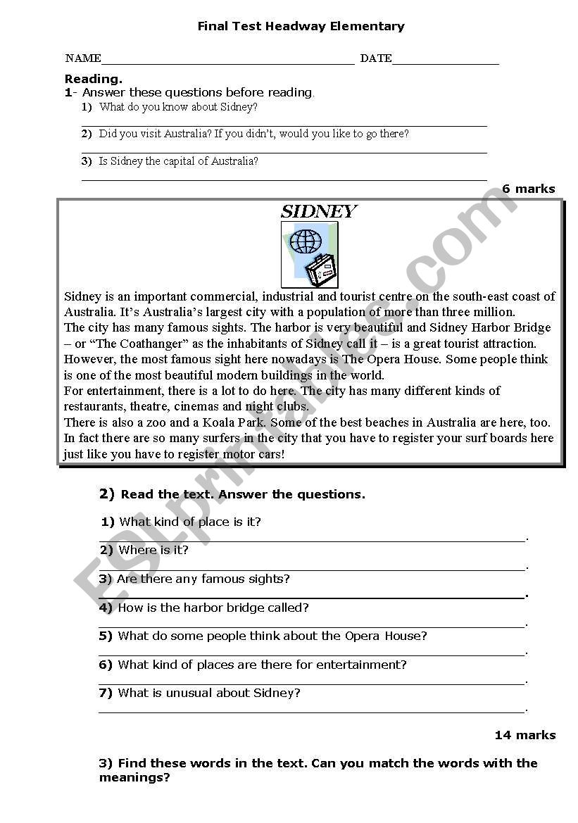Headway elementary final test worksheet