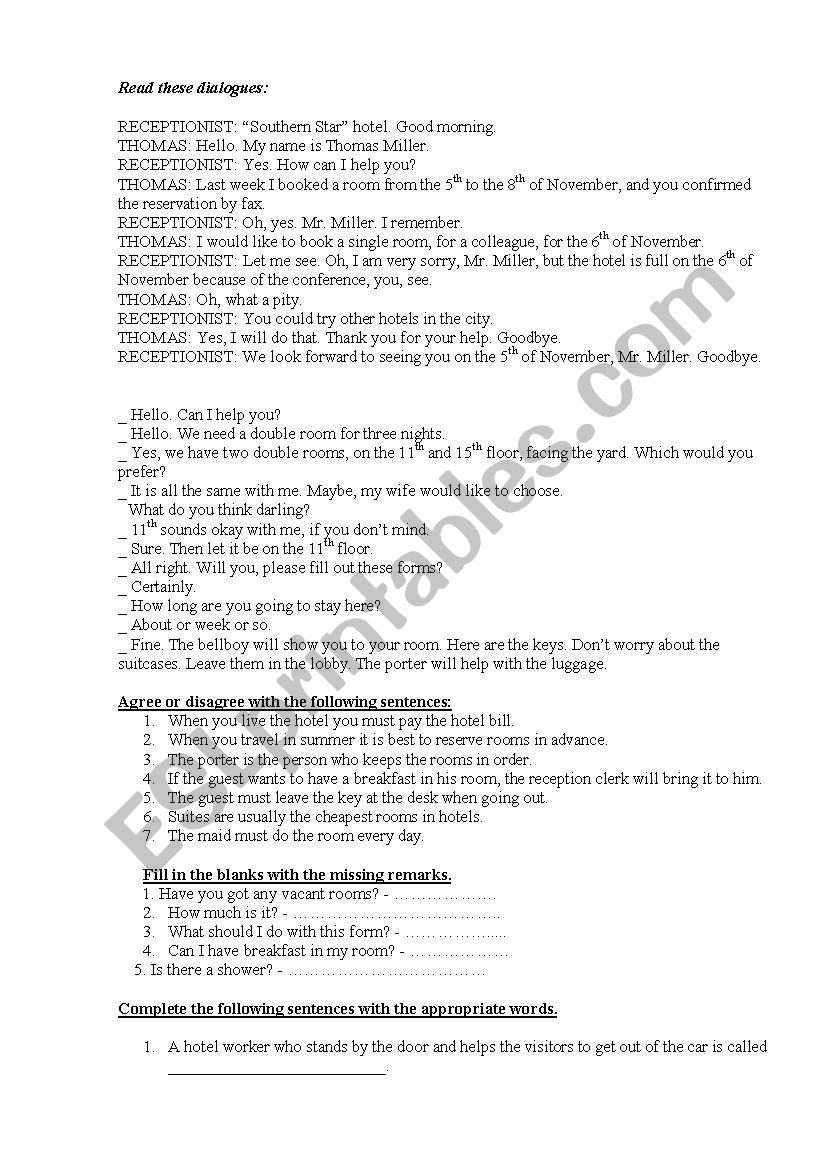 hotel reservation worksheet