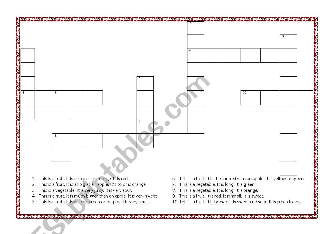 Crossword Puzzle on Fruits and Vegetables